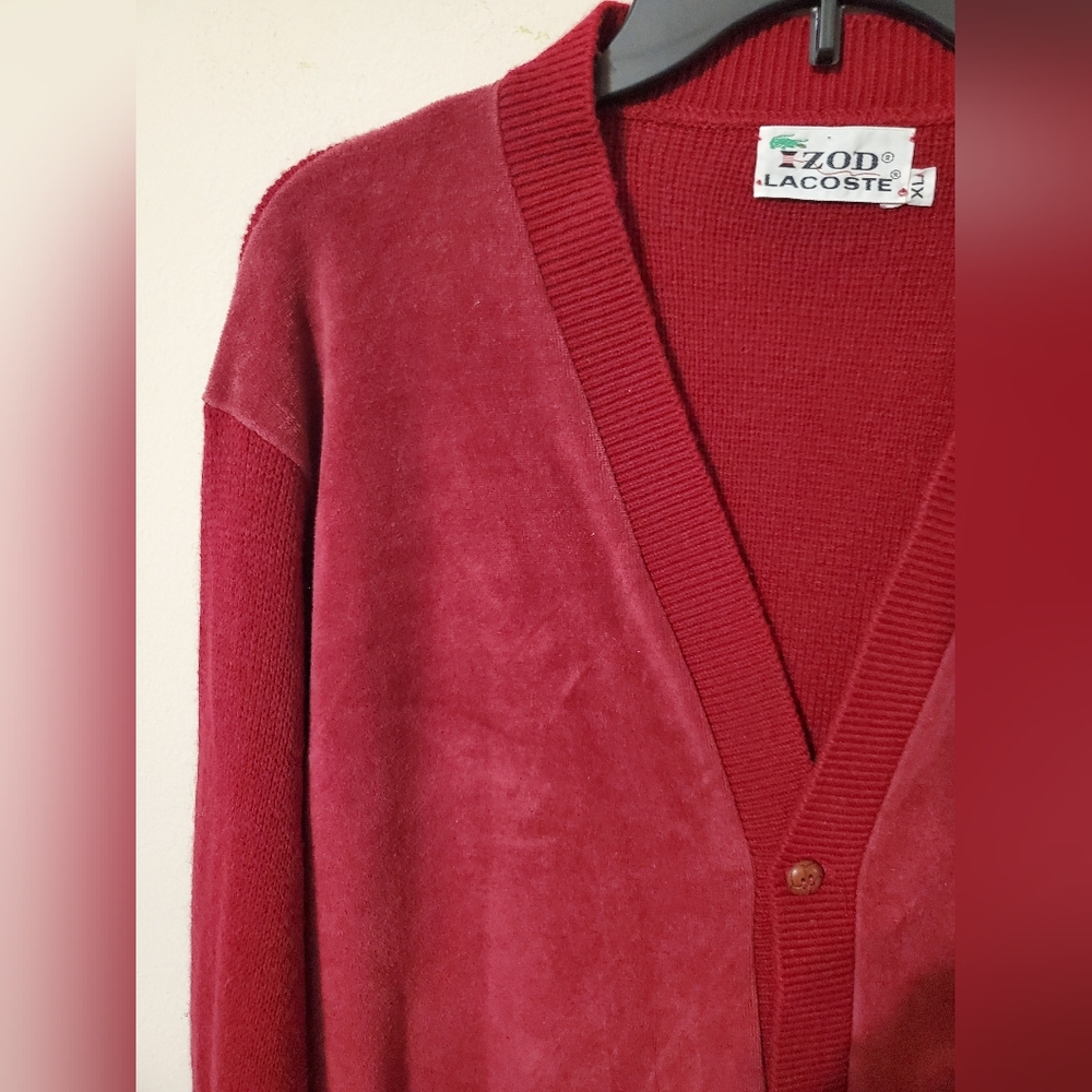 Vintage Lacoste Velour Textured Burgundy V-Neck Cardigan with Croc Logo XL - Picture 7 of 9